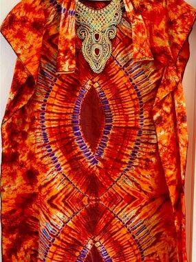 Vibrant Orange Tie-Dye Embellished Women's Dress